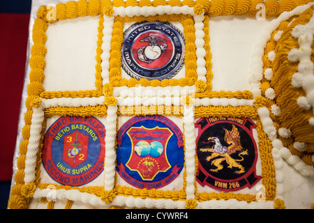 A birthday cake for the Marines and sailors assigned to the 26th Marine Expeditionary Unit (MEU), sits on a table during a U.S. Stock Photo