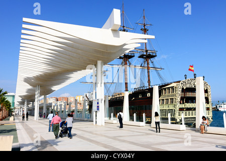 La Malagueta, Malaga new port with replica of the XVIII century war ship Santísima Trinidad Stock Photo