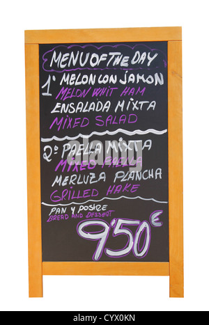 Spanish restaurant menu board, Majorca Spain. Isolated on white. Stock Photo
