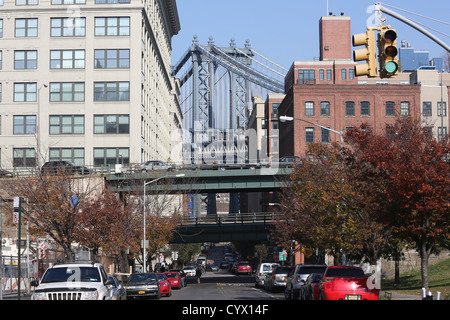 Dumbo, an acronym for Down Under the Manhattan Bridge Overpass neighborhood in the New York City borough of Brooklyn Stock Photo