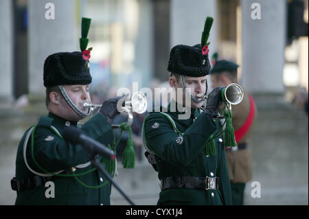 Two Buglers sound the last post at the Cenotaph in Belfast on the national day of remembrance. Stock Photo