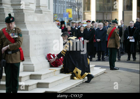 The Rt Hon Lord Mayor of Belfast, Alderman Gavin Robinson lays a wreath at the Cenotaph in Belfast, at the national day of remembrance. Bonzo/Alamy Live News Stock Photo