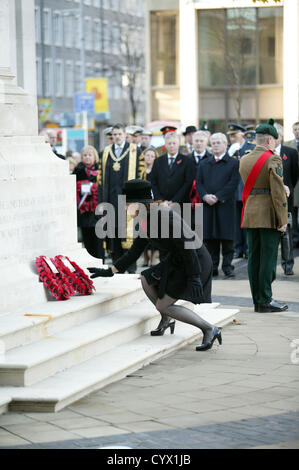 The Secretary of State for Northern Ireland, the Rt Hon Theresa Villiers lays a wreath at the Cenotaph in Belfast, at the national day of remembrance. Bonzo/Alamy Live News Stock Photo