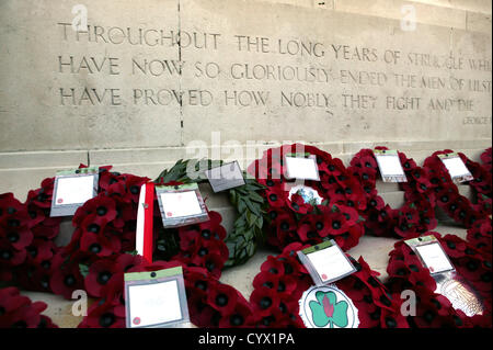 Wreaths at the Cenotaph in Belfast, which were laid to to remember those who have died in wars. The Green Wreath was place by the Tanaiste and Irish Minister for Foreign Affairs, Mr Eamon Gilmore on behalf of the Government of Ireland. Bonzo/Alamy Live News Stock Photo