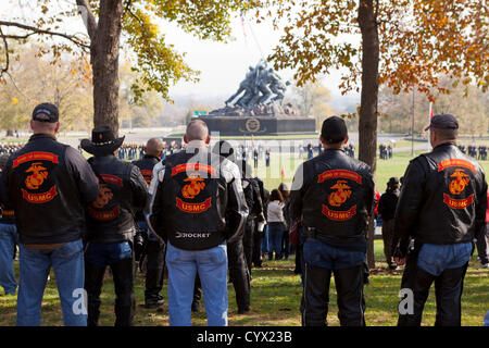 November 10, 2012: During the Veterans Day celebrations, members of Band of Brothers USMC Motorcycle Riding Club, pay respect in front of the Iwo Jima War Memorial - Washington, DC USA Stock Photo