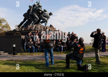 November 10, 2012: During the Veterans Day celebrations, members of Band of Brothers USMC Motorcycle Riding Club, pose for a group picture in front of the Iwo Jima War Memorial - Washington, DC USA Stock Photo