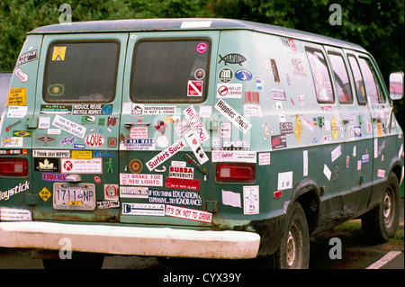 Bumper Stickers cover an old Hippie Van Stock Photo