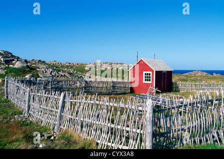 Cape Bonavista, Bonavista Peninsula, Newfoundland and Labrador, Canada - a Traditional Woven Windbreak Fence and Red Shed Stock Photo