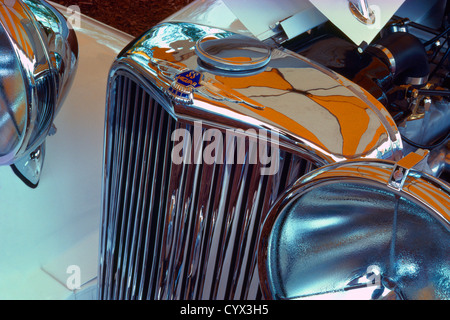 Jaguar Classic Vintage Car - Detail of Front Grille, Headlight, and Insignia Stock Photo