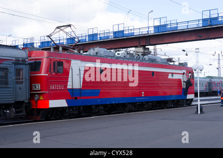 Electric Locomotive on Trans Siberian train at railway station, Trans Siberian Railway, Siberia, Russia Stock Photo