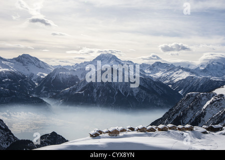 a view over the Swiss village of Bel Alp from the air with the Valais mountains in the background Stock Photo