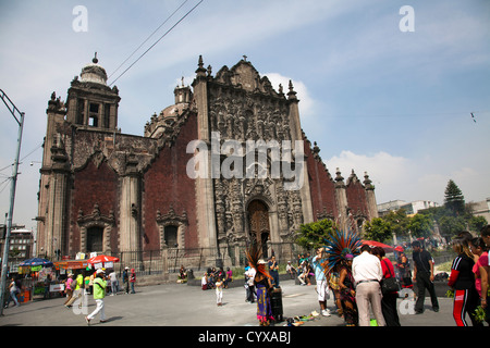 Tribal Indian Healers on the Zocalo in front of Metropolitan Cathedral and Tabernacle in Mexico City DF Stock Photo