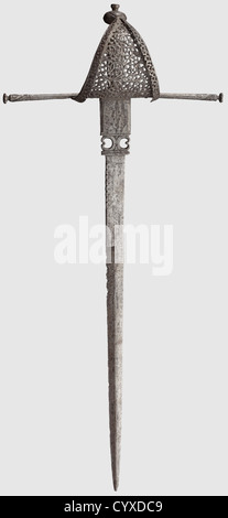 A Spanish left-hand dagger,circa 1680 Single-edged blade,double-edged over its forward half with cut back and openwork ricasso. The guard with openwork scrolling foliage and flanged edges. Long quillons(one with a repair from the time of use). The copper wire bound grip of later date,small pommel with rivet at top. Length 60 cm,historic,historical,,17th century,weapons,arms,weapon,arm,baronial,military,militaria,rapier,rapiers,sword,swords,melee weapon,melee weapons,thrusting,thrustings,baton,object,objects,stills,clipping,cut out,c,Additional-Rights-Clearences-Not Available Stock Photo