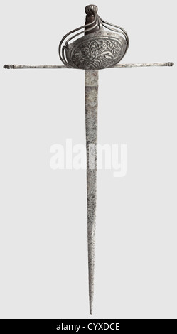 A Spanish left-hand dagger,end of the 17th century Single-edged blade with double-edged point,the ricasso marked on the reverse side. Curved and cut guard plate surrounded by double guards and ornamented with cut trendrils and animals. Wide quillons with cut ends. Grip with iron wire winding and cut pommel set off by balusters. Length 52 cm,historic,historical,,17th century,weapons,arms,weapon,arm,baronial,military,militaria,rapier,rapiers,sword,swords,melee weapon,melee weapons,thrusting,thrustings,baton,object,objects,stills,clipping,,Additional-Rights-Clearences-Not Available Stock Photo