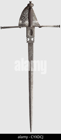 A Spanish left-hand dagger,circa 1680 Single-edged blade,double-edged over its forward half with cut back and openwork ricasso. The guard with openwork scrolling foliage and flanged edges. Long quillons(one with a repair from the time of use). The copper wire bound grip of later date,small pommel with rivet at top. Length 60 cm,historic,historical,,17th century,weapons,arms,weapon,arm,baronial,military,militaria,rapier,rapiers,sword,swords,melee weapon,melee weapons,thrusting,thrustings,baton,object,objects,stills,clipping,cut out,c,Additional-Rights-Clearences-Not Available Stock Photo