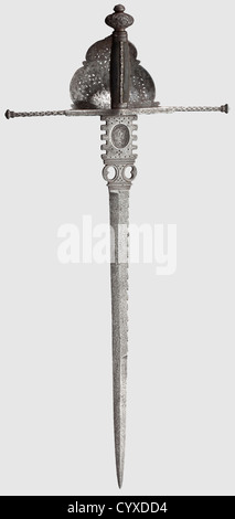 A Spanish/Italian left-hand dagger,circa 1680 Single-edged blade,at the point double-edged,with serrated spine,the ricasso with openwork and blade catchers. Finely cut,iron hilt with broad crossguard and openwork knuckle guard decorated with blossoms and tendrils. Grip covered with velvet(traces of use)with cut,iron clasps. Swamped,cut pommel with small rivetted pommel. Length 58 cm. Extraordinarily sophisticated left-hand dagger,all parts original,historic,historical,,17th century,weapons,arms,weapon,arm,baronial,military,militaria,rapier,,Additional-Rights-Clearences-Not Available Stock Photo