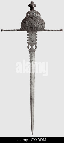 A Spanish/Italian left-hand dagger,circa 1680 Single-edged blade,at the point double-edged,with serrated spine,the ricasso with openwork and blade catchers. Finely cut,iron hilt with broad crossguard and openwork knuckle guard decorated with blossoms and tendrils. Grip covered with velvet(traces of use)with cut,iron clasps. Swamped,cut pommel with small rivetted pommel. Length 58 cm. Extraordinarily sophisticated left-hand dagger,all parts original,historic,historical,,17th century,weapons,arms,weapon,arm,baronial,military,militaria,rapier,,Additional-Rights-Clearences-Not Available Stock Photo