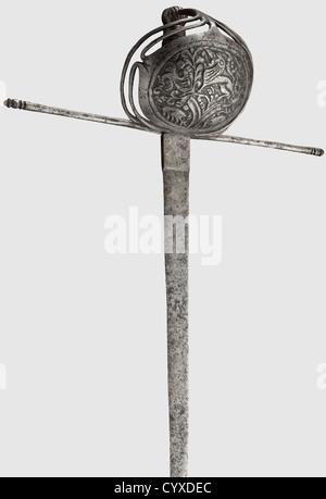 A Spanish left-hand dagger,end of the 17th century Single-edged blade with double-edged point,the ricasso marked on the reverse side. Curved and cut guard plate surrounded by double guards and ornamented with cut trendrils and animals. Wide quillons with cut ends. Grip with iron wire winding and cut pommel set off by balusters. Length 52 cm,historic,historical,,17th century,weapons,arms,weapon,arm,baronial,military,militaria,rapier,rapiers,sword,swords,melee weapon,melee weapons,thrusting,thrustings,baton,object,objects,stills,clipping,,Additional-Rights-Clearences-Not Available Stock Photo