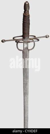 A cut & thrust sword,in the style of circa 1550,composed of old parts Double-edged blade,triple fullers on either side of the root,etched with a design of sun,moon and stars. Iron hilt with two guard rings and fig-shaped finials. Copper and iron wire bound wood grip. Long octagonal pommel. Length 117 cm,historic,historical,16th century,weapons,arms,weapon,arm,baronial,military,militaria,rapier,rapiers,sword,swords,melee weapon,melee weapons,thrusting,thrustings,baton,object,objects,stills,clipping,cut out,cut-out,cut-outs,Additional-Rights-Clearences-Not Available Stock Photo