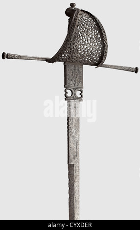 A Spanish left-hand dagger,circa 1680 Single-edged blade,double-edged over its forward half with cut back and openwork ricasso. The guard with openwork scrolling foliage and flanged edges. Long quillons(one with a repair from the time of use). The copper wire bound grip of later date,small pommel with rivet at top. Length 60 cm,historic,historical,,17th century,weapons,arms,weapon,arm,baronial,military,militaria,rapier,rapiers,sword,swords,melee weapon,melee weapons,thrusting,thrustings,baton,object,objects,stills,clipping,cut out,c,Additional-Rights-Clearences-Not Available Stock Photo