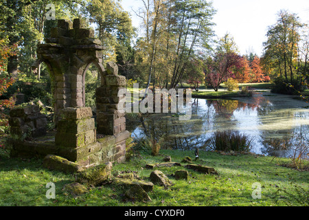 Cholmondeley Castle Gardens. Autumnal view of the Duckery Ruin Water Garden at Cholmondeley Castle Gardens. Stock Photo