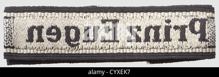Sleeveband of the 7th SS-division 'Prinz Eugen',for enlisted men,BeVo-type,machine-woven,silver-grey thread inscription,unissued. Length 49 cm,historic,historical,1930s,20th century,secret service,security service,secret services,security services,police,armed service,armed services,NS,National Socialism,Nazism,Third Reich,German Reich,Germany,utensil,piece of equipment,utensils,object,objects,stills,clipping,clippings,cut out,cut-out,cut-outs,fascism,fascistic,National Socialist,Nazi,Nazi period,uniform,uniforms,detail,,Additional-Rights-Clearences-Not Available Stock Photo