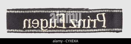 Sleeveband of the 7th SS-division 'Prinz Eugen' for enlisted men,RZM-type,machine-embroidered,silver-grey thread inscription,unissued. Length 35 cm,historic,historical,1930s,20th century,secret service,security service,secret services,security services,police,armed service,armed services,NS,National Socialism,Nazism,Third Reich,German Reich,Germany,utensil,piece of equipment,utensils,object,objects,stills,clipping,clippings,cut out,cut-out,cut-outs,fascism,fascistic,National Socialist,Nazi,Nazi period,uniform,uniforms,det,Additional-Rights-Clearences-Not Available Stock Photo