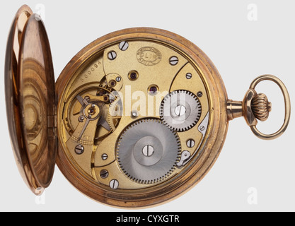 Adolf Hitler,golden gift pocket watch from Elsa Bruckmann,Christmas 1929 Maker 'Deutsche Uhrenfabrikation Oliw Glashütte i./SA'. The gold housing with fine waved engraving and interlaced monogramme 'AH',the front lid with maker punch 'Glashütte-Dresden Oliw',fineness stamp '0,585'and number '500094' as well as presentation engraving 'I/l Wolf v/s Kampf-Gefährtin Elsa Bruckmann Weihnachten 1929'. White enamel dial with Arabic numerals in black and blue,small second- and blued lancet hands. Gilt du historic,historical,1920s,20th century,NS,National Soci,Additional-Rights-Clearences-Not Available Stock Photo