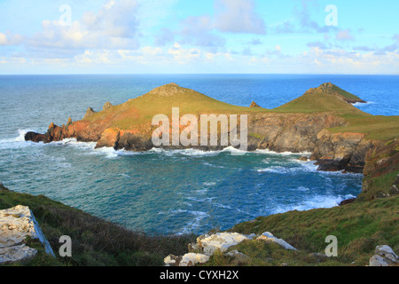Rumps point with Mouls Island on coastal path from Pentire point, North Cornwall, England, UK Stock Photo