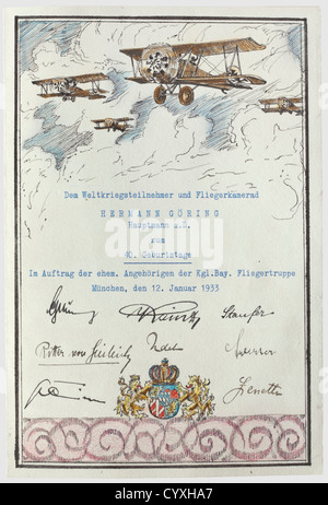 Hauptmann Hermann Göring, a congratulatory card of former comrades on his birthday 1933 Double sheet with hand coloured ink drawings, the front decorated with artwork resembling the Fight Badge with a winged propeller surmounted by a royal crown. The inside showing a squadron of biplanes set against a white and blue sky, below the typewritten dedication 'Dem Weltkriegsteilnehmer und Fliegerkamerad Hermann Göring - Hauptmann a.D. zum 40. Geburtstage - Im Auftrag der ehem. Angehörigen der Kfl. Bay. Fliegertruppe - München, den 12. Januar 1933' ('For the World War, Stock Photo