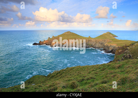 Rumps point with Mouls Island on coastal path from Pentire point, North Cornwall, England, UK Stock Photo