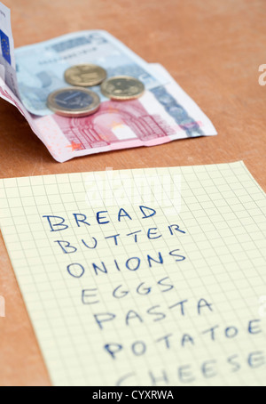 Euro bank notes and grocery shopping list Stock Photo