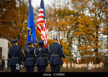 LUXEMBOURG – Airmen from Ramstein Air Base, Germany, present the U.S. and Air Force flags during a Veterans Day ceremony at the Stock Photo