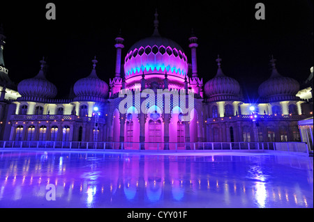 Brighton's Royal Pavilion bathed in new energy saving LED lights to mark the opening of the ice rink for the winter months Stock Photo