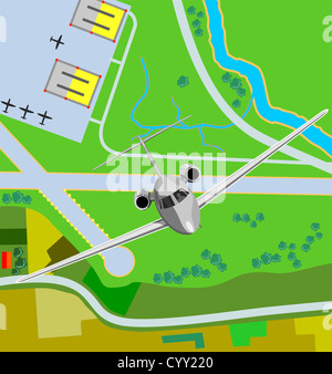 Illustration of a commercial jet plane airliner aerial view. Stock Photo