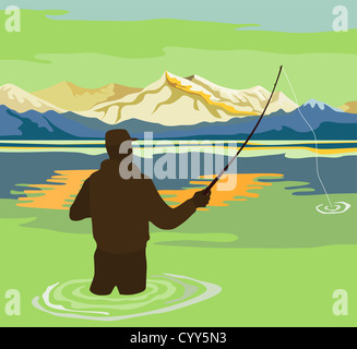 Illustration of a fly fisherman casting rod and reel done in retro style Stock Photo