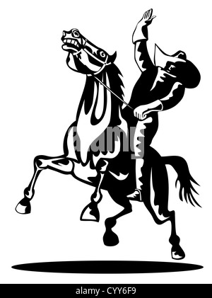 Illustration of rodeo cowboy riding bucking horse bronco on isolated white background Stock Photo