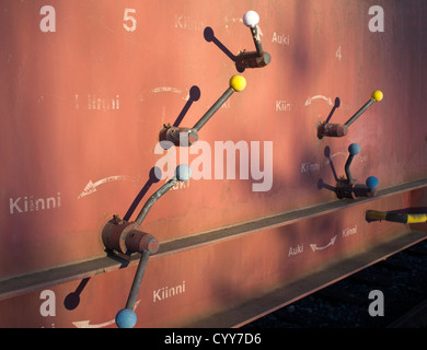 Levers of the valves controlling the flow of chemicals in the train chemicals tank , Finland Stock Photo