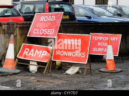 Road closed due to roadworks in Keswick in Cumbria, UK Stock Photo