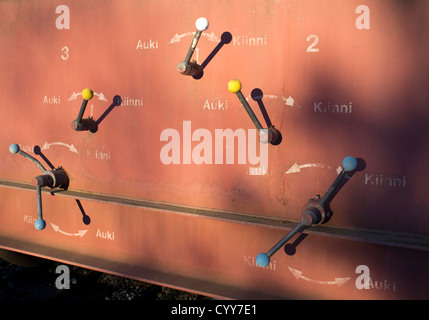 Levers of the valves controlling the flow of chemicals in the train's chemical transport wagon , Finland Stock Photo