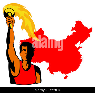 illustration of a track and field athlete with flaming torch done in retro style wit maop of china in background Stock Photo