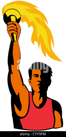 illustration of a track and field athlete with flaming torch done in retro style Stock Photo