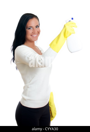 Happy housewife with window cleaner. Isolated on white. Stock Photo