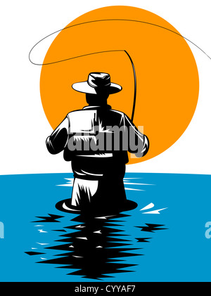 illustration of a fly fisherman casting rod and reel done in retro style Stock Photo