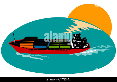 illustration of a passenger cargo container ship done in retro style Stock Photo