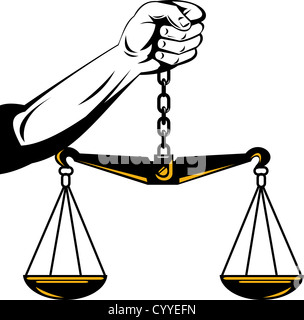 Illustration of hand holding scales of justice retro woodcut style. Stock Photo