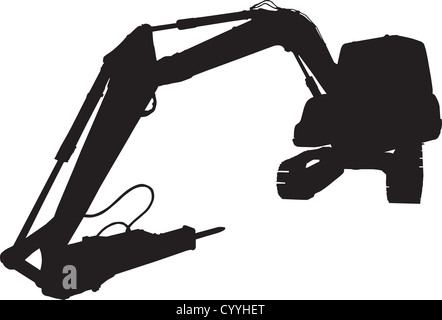 mechanical digger excavator silhouette on isolated white background. Stock Photo