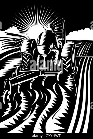 illustration of a farmer driving a vintage tractor plowing the farm field done in retro woodcut style. Stock Photo