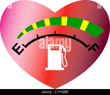 illustration of a fuel gage meter showing empty to full set inside heart shape on isolated white background Stock Photo