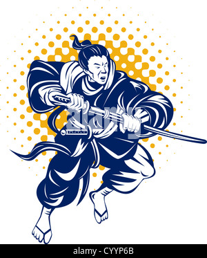 illustration of a Japanese samurai warrior fighting with katana sword on isolated background Stock Photo